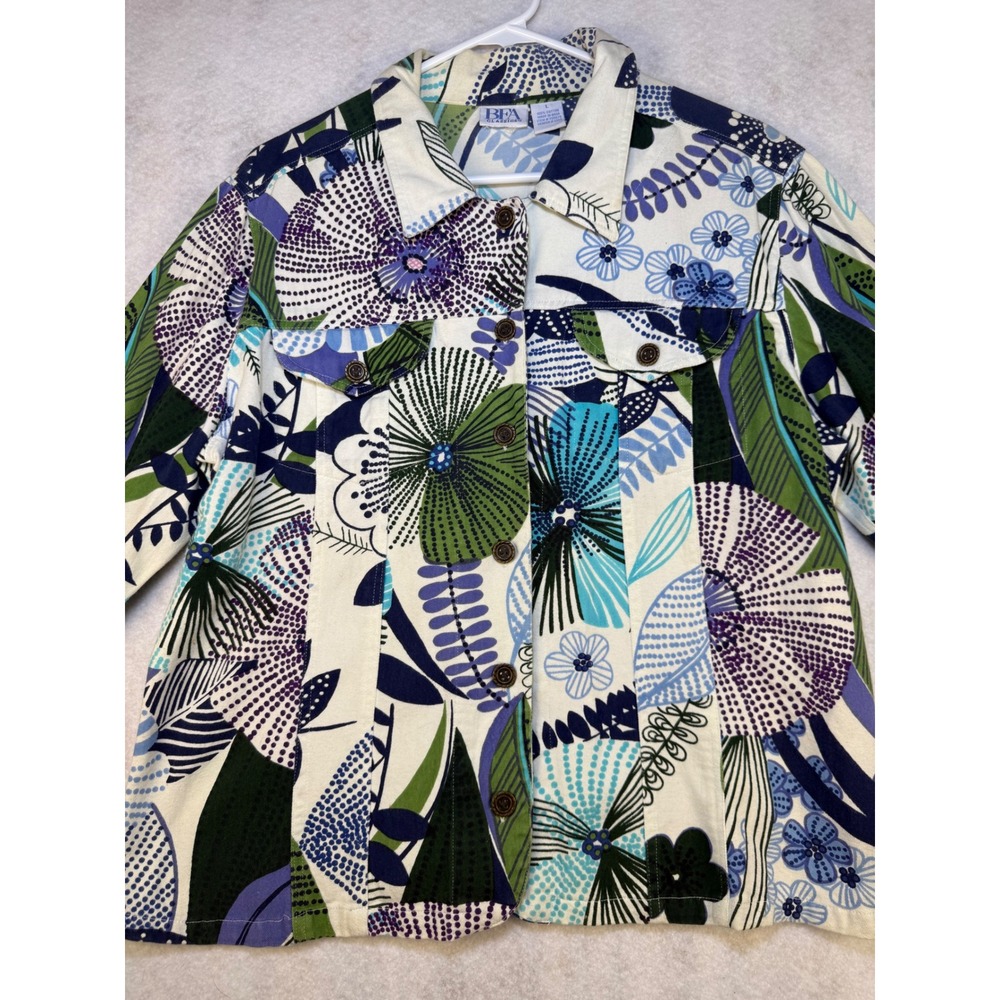 BFA Classics Womens Large Floral Denim Jacket Blue Green Purple Cotton F06079